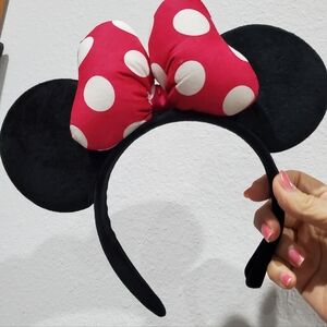 Disney Black Furry & Pink Polka Dot Bow Mouse Ears Adult L👀K DisneyWorld Land